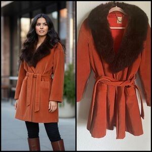 Vintage Penny Lane Opossum Fur Trim Collar Corduroy Rust Brown Belted Coat M